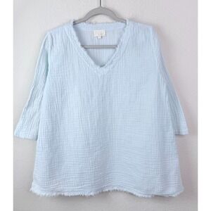 Honest Cotton Double Gauze Blouse One Size Light Blue Frayed Trim Coastal Beachy